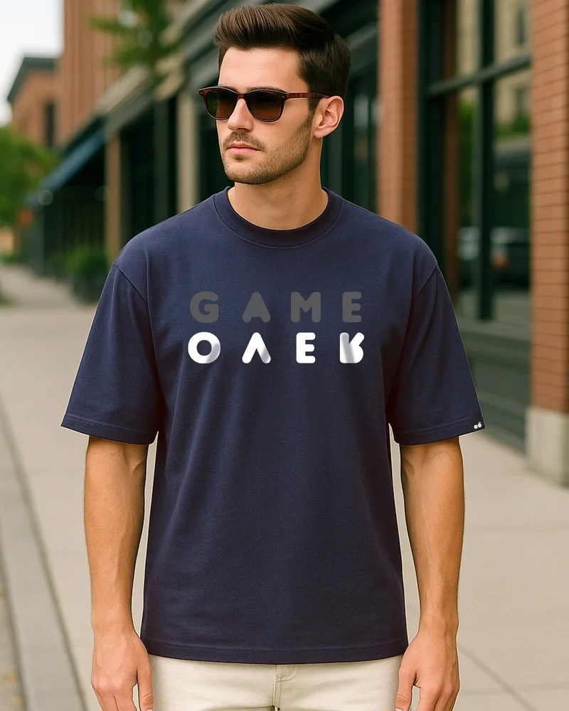 bewakoof Men's Navy Blue Game Over Minimal Typography Oversized T-shirt
